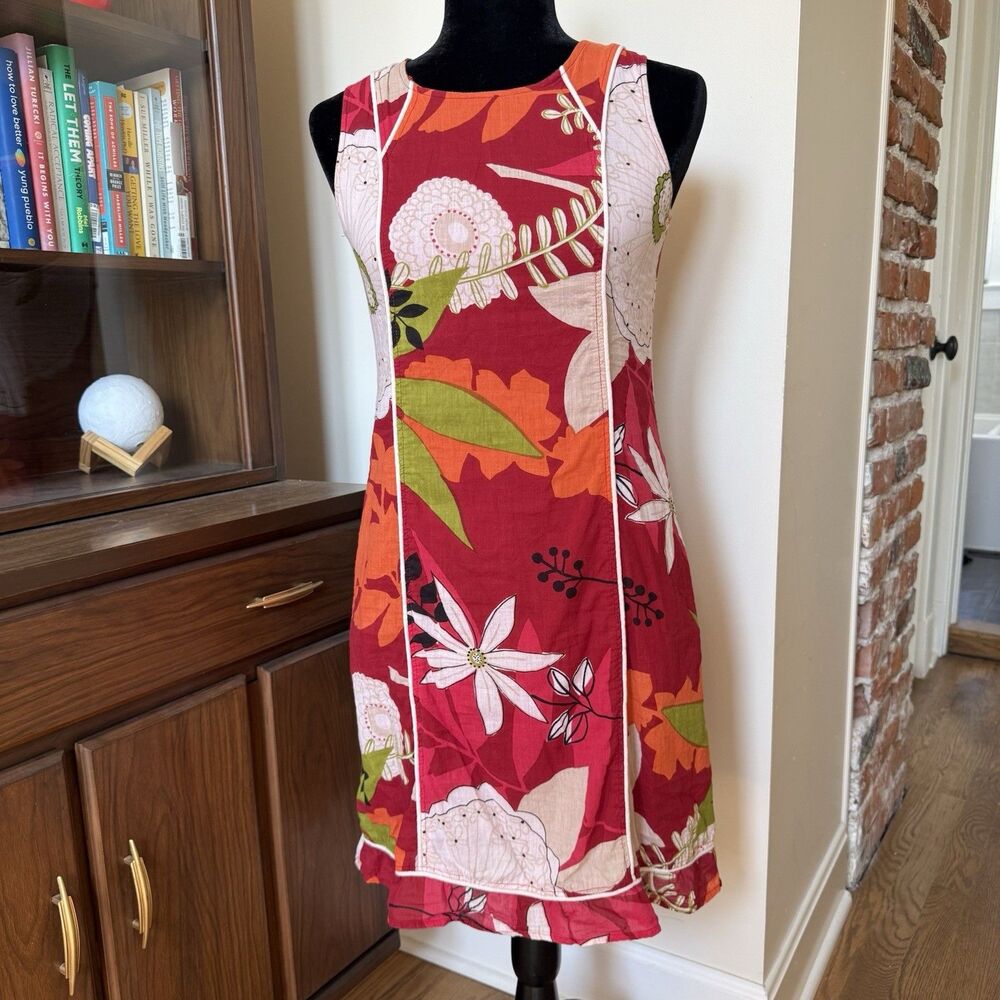 Voile Red Floral Print Women’s S Sleeveless 100% Cotton Dress Boho 70s Style